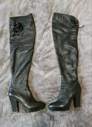 Длинные черные кожаные ботфорты на удобных каблуках, 38.5 размер