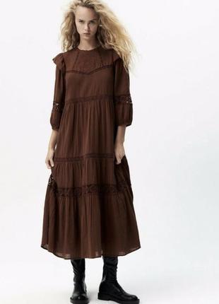 Zara платье макси коричневого цвета с вышивкой