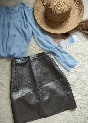 Юбка, короткая юбка на подкладке с карманами, металлик, размер м