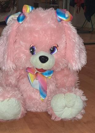 Розовая мягкая детская игрушка собака с бантиками
