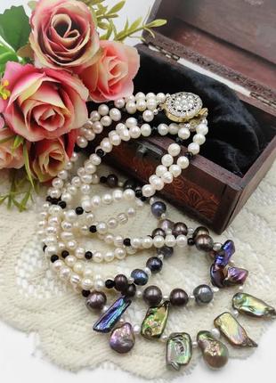 Шикарное ожерелье в три ряда 90-х годов с натуральными жемчугом.