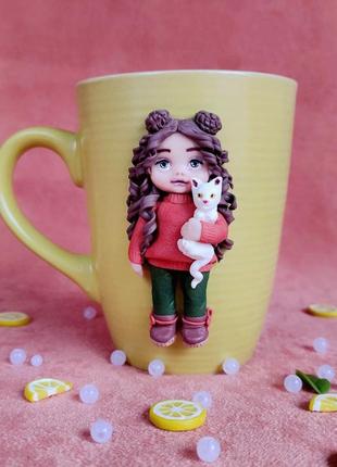 Кухоль чашка з лялечкою, декор ручної роботи, handmade
