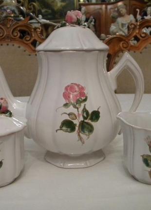 Антикварный набор чайник сахарница молочник розовый фарфор фра...