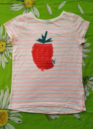 Полоска футболка с клубничкой для девочки 7-8 лет
