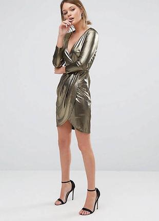 New look платье золотое бронзовое металлик чёрное с поясом по ...