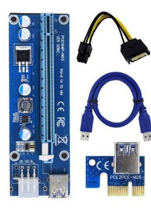 Райзер PCI-E x1 to 16x 60cm USB 3.0 Cable SATA to 6Pin Power v...