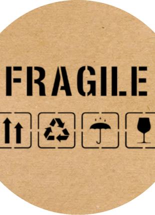 Этикетка круглая крафт "Fragile", Диаметр 50 мм, 250 шт/рулон,...