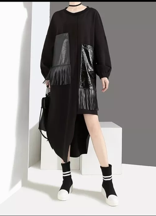 Дизайнерское чёрное ассиметричное платье, оверсайз