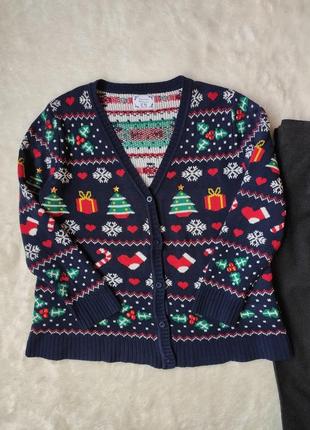 Синій різнобарвний новорічний светр із ґудзиками кардиган кофт...