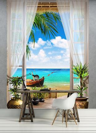 Тропики фотообои 184x254 см 3D Вид с окна на морской пляж 1150...