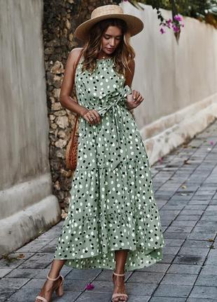 Длинное зелёное летнее платье сарафан в горошек