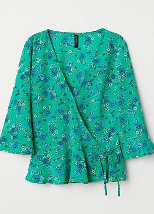 М'ятний бірюзовий топ блуза на запах з ніжним квітковим принтом