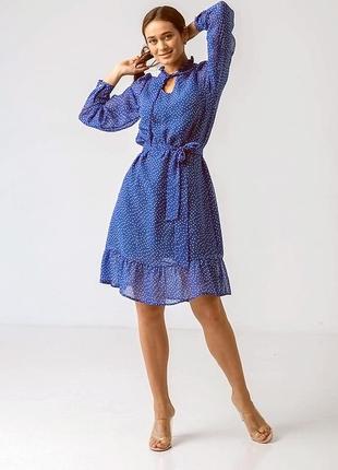 Синие шифоновое платье миди с длинным рукавом