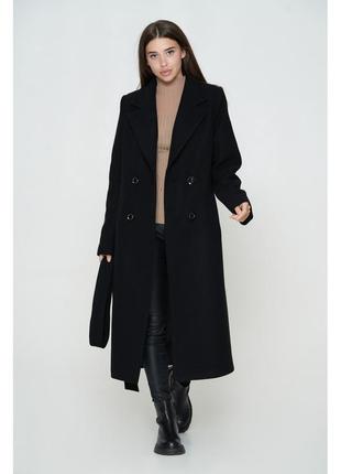 Черное двубортное женское кашемировое пальто с английским воро...