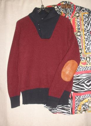 Комфортний светр джемпер з комірцем поло  та шкіряними латками
