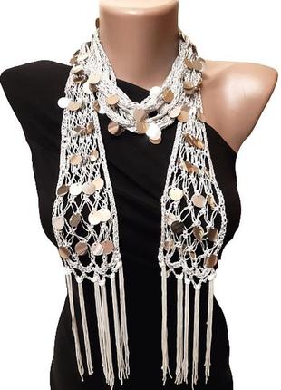 Декоративный шарф-колье 190 см-4 см с серебристым декором, поя...