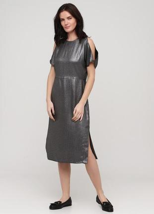 H&m платье серое серебристое серебряное миди с вырезами открыт...