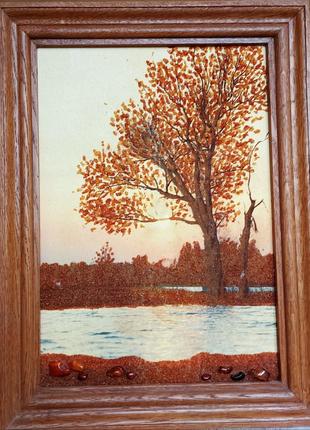 Картина с янтаря, бурштин, дерево, озеро, вода, интерьер, камн...