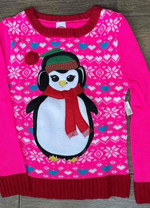 1, Розовый яркий свитер с пингвином на девочку Размер 7-8 лет ...