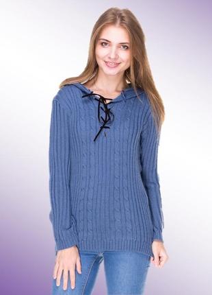 Пуловер синий с капюшоном (шерсть мериноса)