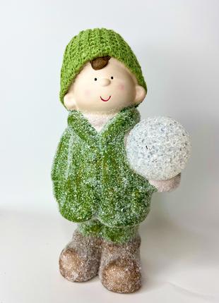 Новогодний светильник, ночник бело-зелёный "Мальчик со снежком...