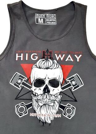 M-2xl серая майка с черепом highway, хлопок 100%