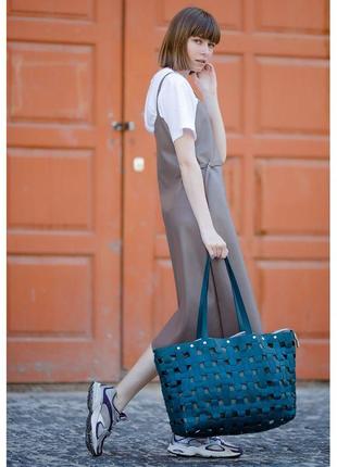 Кожаная плетеная женская сумка Пазл Xl зеленая Krast