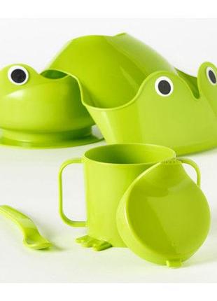 Набор детской посуды тарелочка кружка ложка слюнявчик зеленый ...