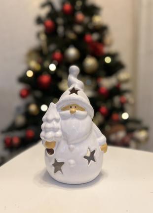 Новогодний декор подсвечник керамический Дед Мороз с елкой