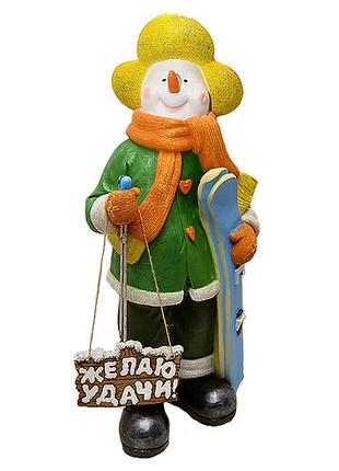 Новогодняя садовая фигура с полистоуна Снеговик лыжник с табли...