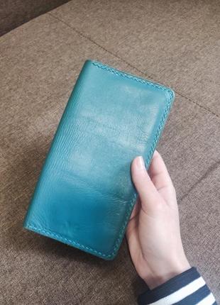 Кожаный кошелек ручная работа, бирюзового цвета
