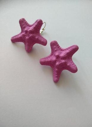 Серьги с розово сиреневыми морскими звёздами из полимерной глины