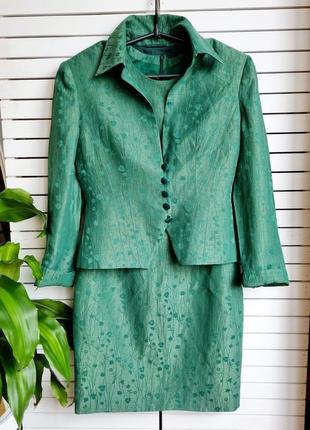 Винтажный, шелковый костюм платте жакет пиджак зеленый в принт...