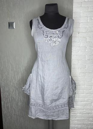 Льняное платье с карманами итальянское платье лен италия, l/xl
