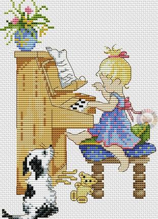 Набор для вышивания крестиком девочка и пианино. Размер: 12*17 см