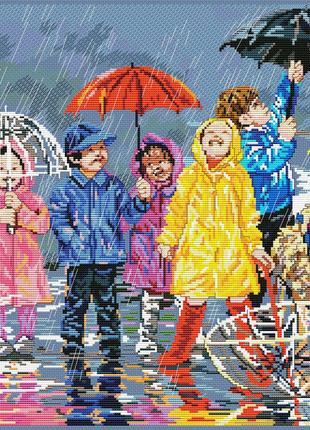 Набір для вишивання хрестиком Дітки під дощем. Розмір: 44*31 см
