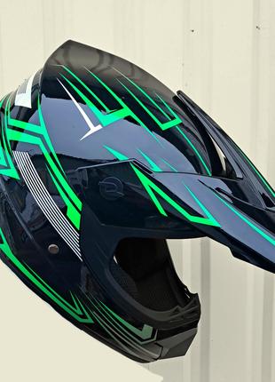 Кроссовый мото шлем чёрно зелёный Virtue с очками в комплекте