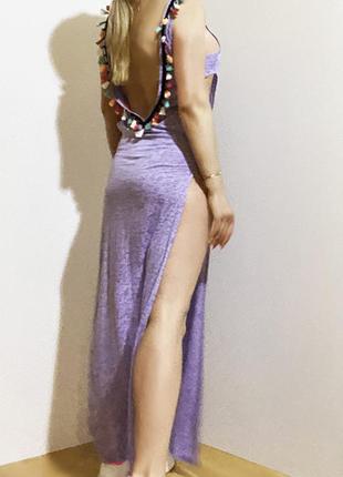 S-m пляжное открытое платье нежно-фиолетовое с кисточками