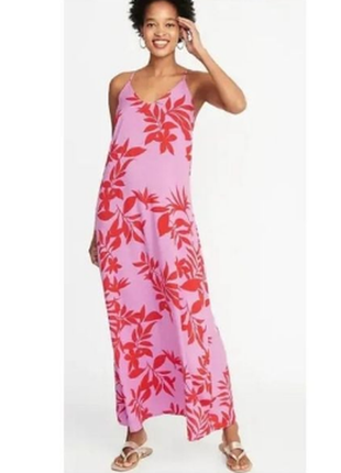 Пурпурно-розовое платье макси с тропическим листом гибискус