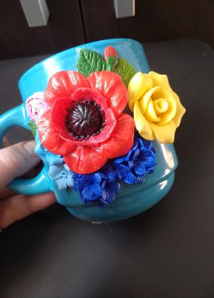 Чашка с украинским декором маки васильки, розы из полимерной г...