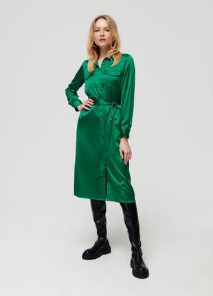 Шелковое миди платье зеленое изумрудное платье рубашка с поясом
