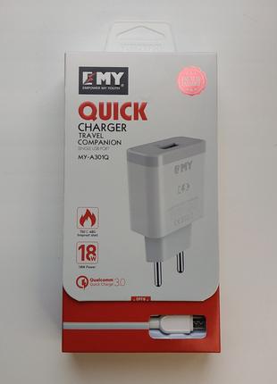 EMY Набор ЗУ MY-A301Q 1 USB QC 3.0 + кабель microUSB