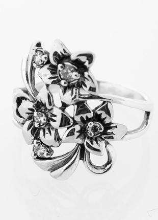 Кольцо широкое цветочки серебро