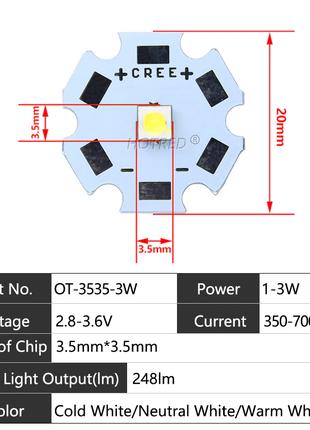 Светодиод 3w 4500K Cree XP-E 3w 3535 SMD 20mm