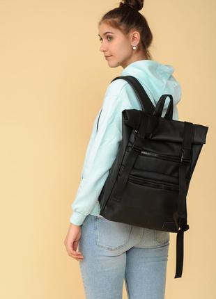 Рюкзак большой раскладной женский черный рюкзак ролл кожаный эко