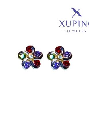Сережки з цирконієм Xuping позолота + родій, квіточка 11мм