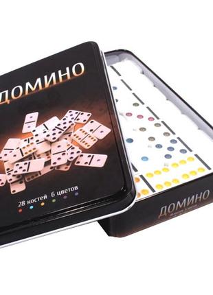 Настольная игра Домино, 28 костей, 6 цветов, металлический бокс
