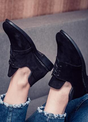 Черные женские туфли на низком ходу натуральная замша полуботи...