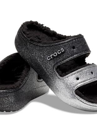 Crocs slide утеплённые шлепанцы, тапочки с глиттером.