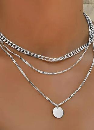 Винтажное многослойное ожерелье -цепочка с подвеской в серебря...